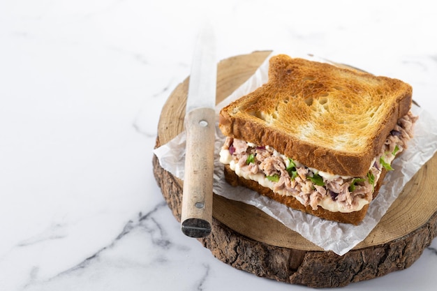 Sándwich de atún con verduras sobre fondo de mármol