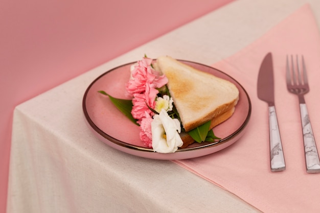 Foto gratuita sándwich delicioso de alto ángulo con flores.