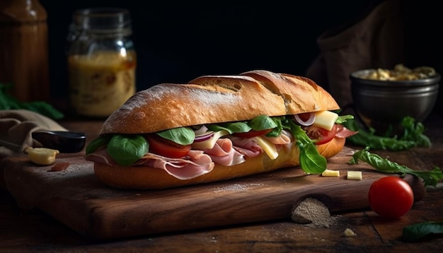 Un sándwich de jamón y queso en una tabla para cortar madera