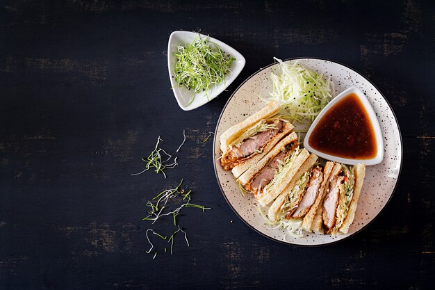 sándwich japonés con chuleta de cerdo empanada, col y salsa tonkatsu.