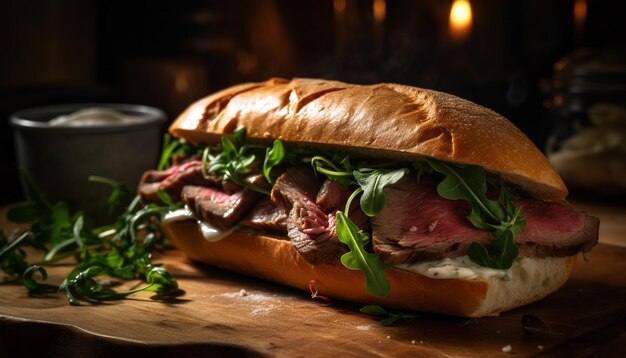 Sándwich de pan ciabatta a la parrilla con rebanada de carne fresca generado por IA