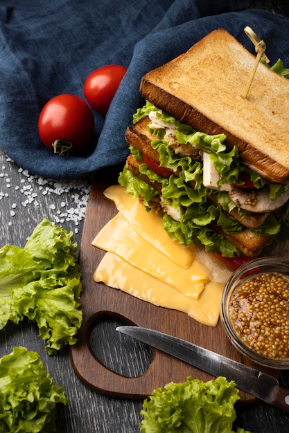 Foto gratuita sándwich de pan tostado con tomates y ensalada de alto ángulo