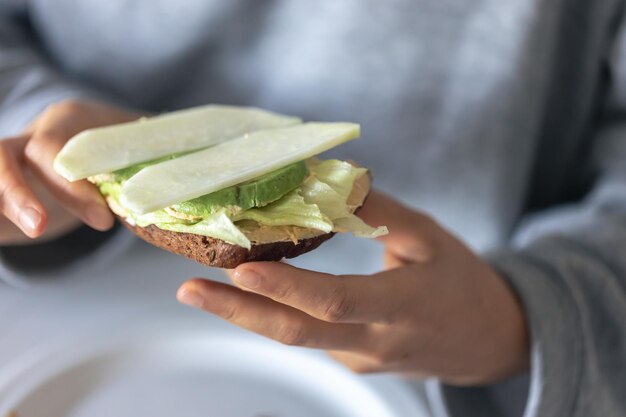 Sándwich con queso, aguacate y repollo en primer plano concepto de desayuno abundante