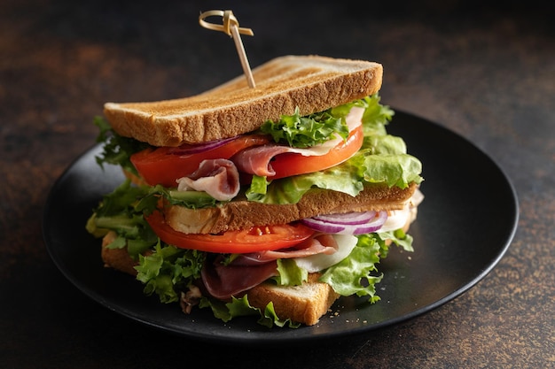 Sándwich sabroso apetitoso con jamón y verduras servido en plato