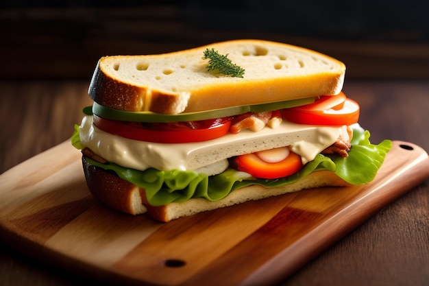 Foto gratuita un sándwich con un sándwich encima y una rodaja de tomate al lado.