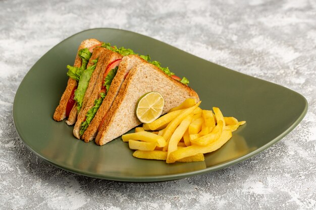 Sándwiches y papas fritas dentro de la placa verde sobre gris