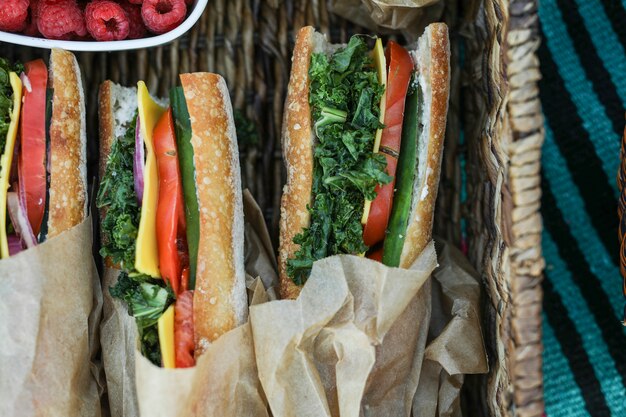 Sándwiches veganos para el almuerzo en la playa.