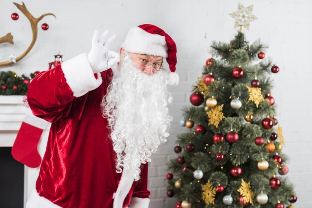 Santa que muestra gesto aceptable cerca del árbol de navidad