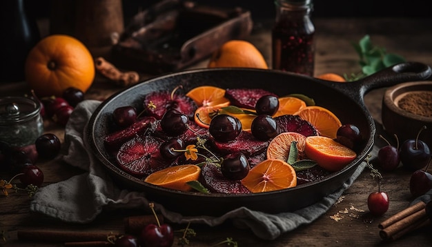 Foto gratuita una sartén de remolacha y rodajas de naranja con una ramita de naranjas sobre una mesa junto a un tarro de especias.