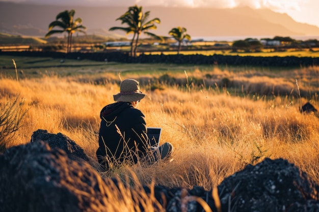 Foto gratuita scene with diverse young people being digital nomads and working remotely from dreamy locations