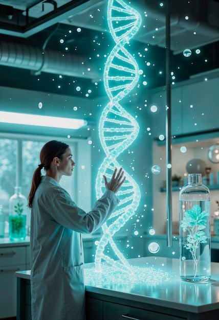 Scientist exploring a glowing dna helix in a modern lab