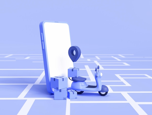 Scooter de entrega con teléfono inteligente y puntero de ubicación de cajas de cartón concepto de comercio electrónico de entrega en línea sobre fondo azul ilustración 3d