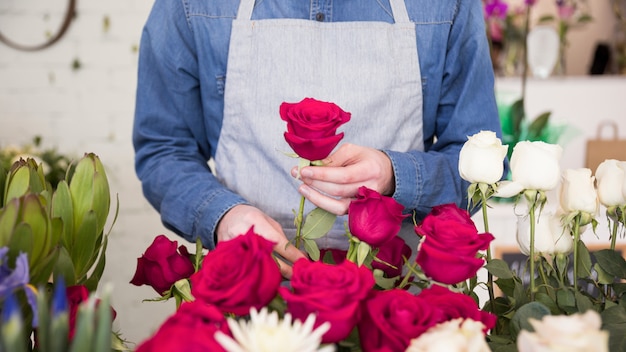 Sección media de la floristería masculina arreglando la flor rosa en el ramo