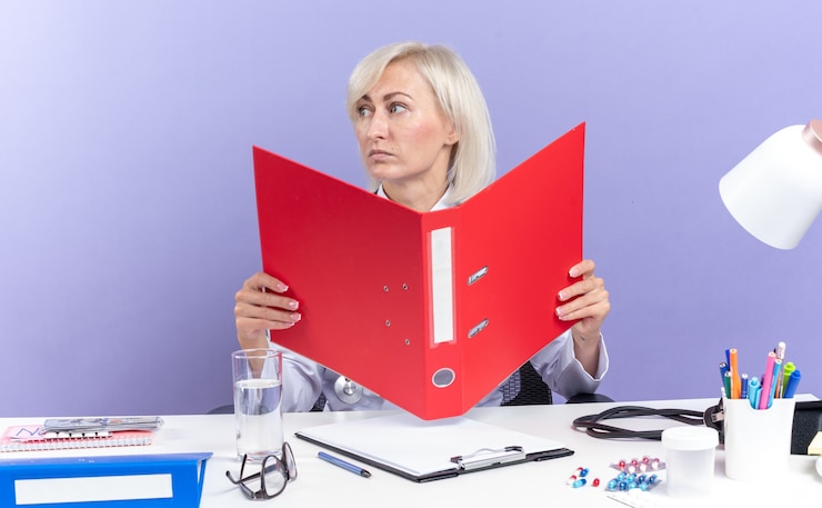 Foto gratuito segura doctora eslava adulta en bata médica con estetoscopio sentado en el escritorio con herramientas de oficina sosteniendo la carpeta de archivos y mirando al lado aislado sobre fondo púrpura con espacio de copia