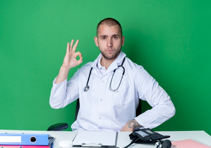Foto gratuito seguro médico varón joven vistiendo bata médica y estetoscopio sentado en el escritorio con herramientas de trabajo haciendo bien signo aislado en verde