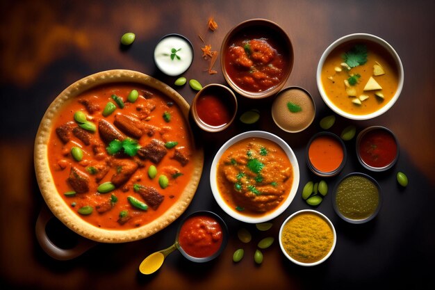 Una selección de comida india que incluye pollo al curry y otras especias.