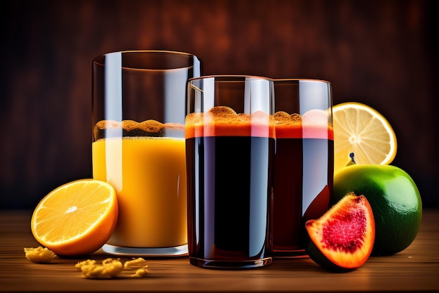 Foto gratuita una selección de jugos de naranja y otras bebidas en una mesa