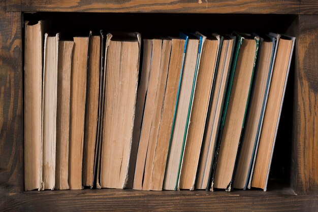 Selección de primer plano de libros de literatura en una estantería