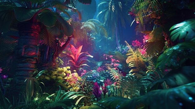 La selva tropical oscura de moda con iluminación de neón palmeras y plantas exóticas en estilo retro