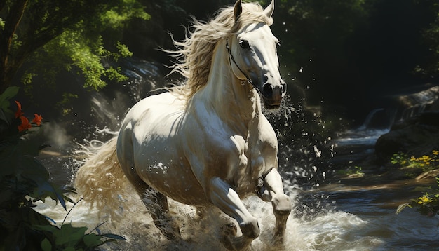 Semental corriendo en la pradera mostrando fuerza y belleza en la naturaleza generada por inteligencia artificial