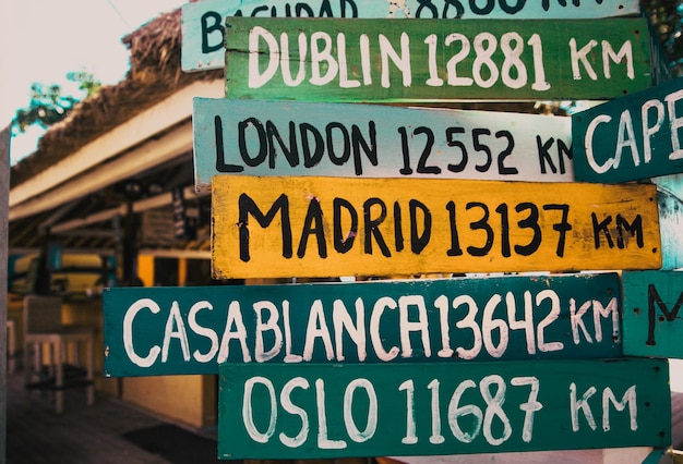 Señal de calle en la playa que indica direcciones a diferentes lugares del mundo Gili Trawangan