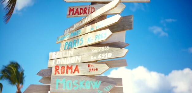 Señal de tráfico incluyendo Moscú, Roma, Londres, Berlín, París, Río de Janeiro sobre fondo de cielo azul en estilo retro