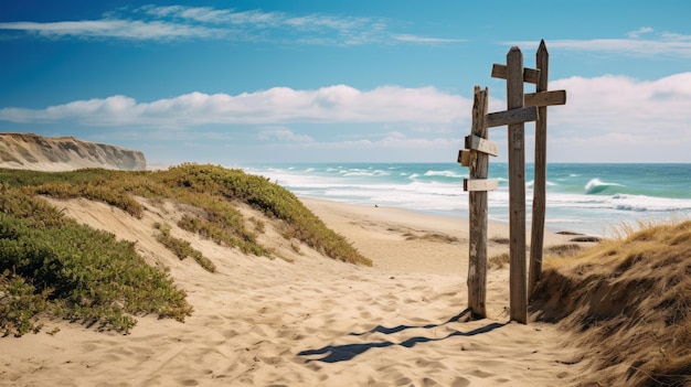 Foto gratuita señales de madera direccionales en una playa tranquila que apuntan a varios destinos