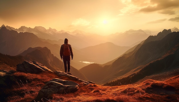 Senderismo en el pico de la montaña al amanecer generado por IA