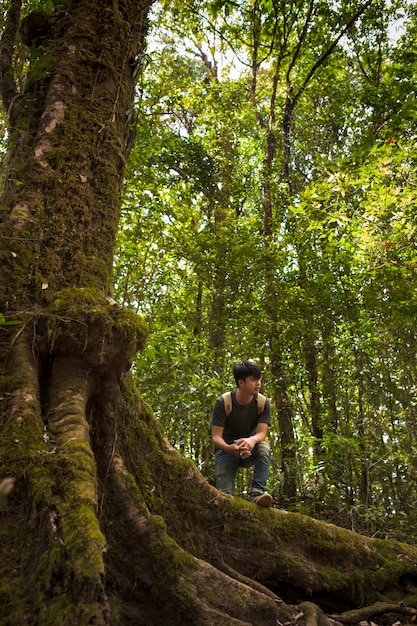 Senderista posando a lado de un árbol gigante