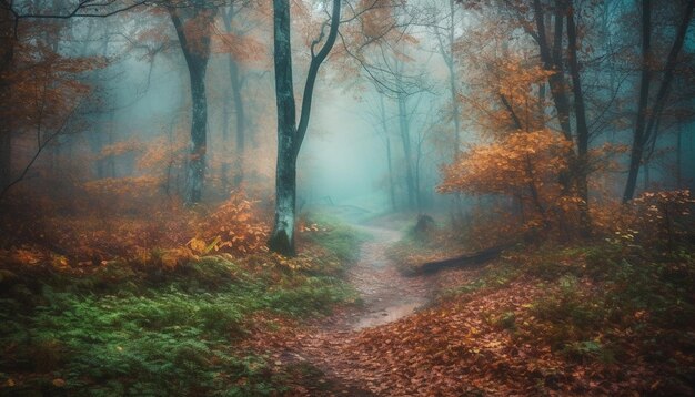 Sendero tranquilo en el espeluznante misterio del bosque otoñal generado por IA