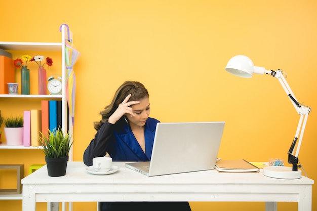 Señora alegre del negocio que trabaja en la computadora portátil en oficina