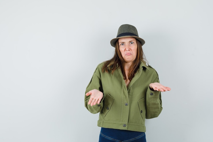Foto gratuito señora joven que muestra un gesto de impotencia en el sombrero de los pantalones de la chaqueta y que parece confundido