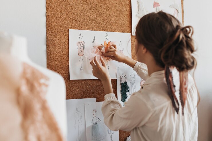 Foto gratuito señorita crea muestras de vestidos