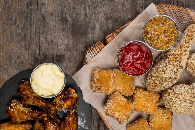 Sentar planas de nuggets de pollo frito con tres salsas