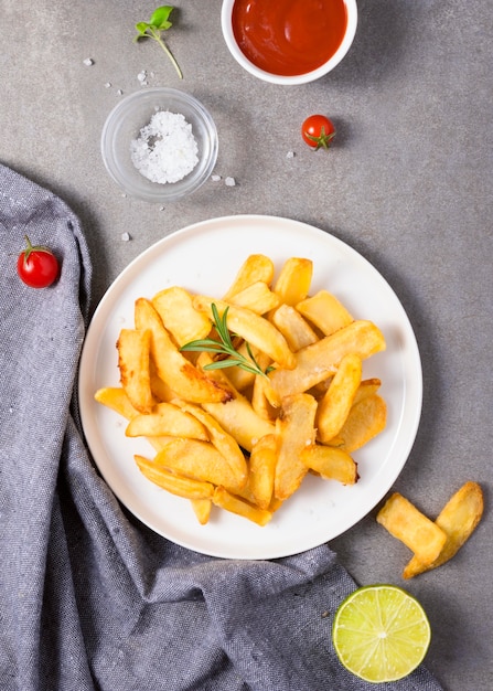 Sentar planas de papas fritas en un plato con sal y salsa de tomate