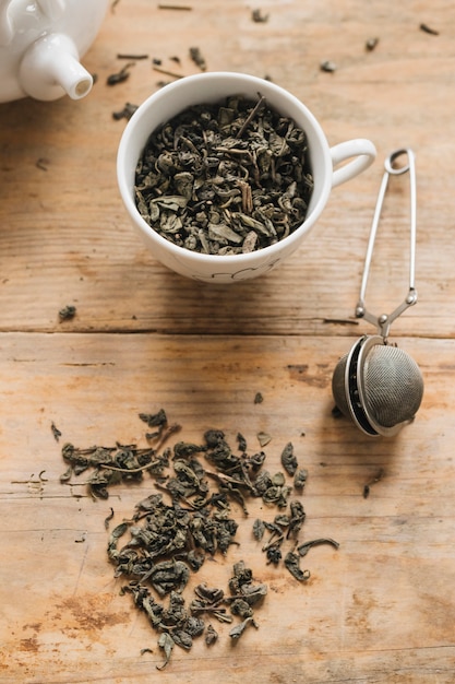 Seque las hojas de té en una taza con colador de té en la mesa