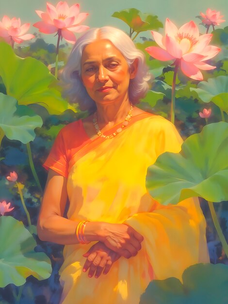 Serene portrait of a woman in a yellow sari