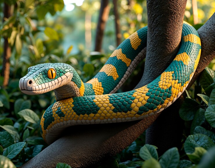 Foto gratuito serpiente verde y amarilla en la jungla