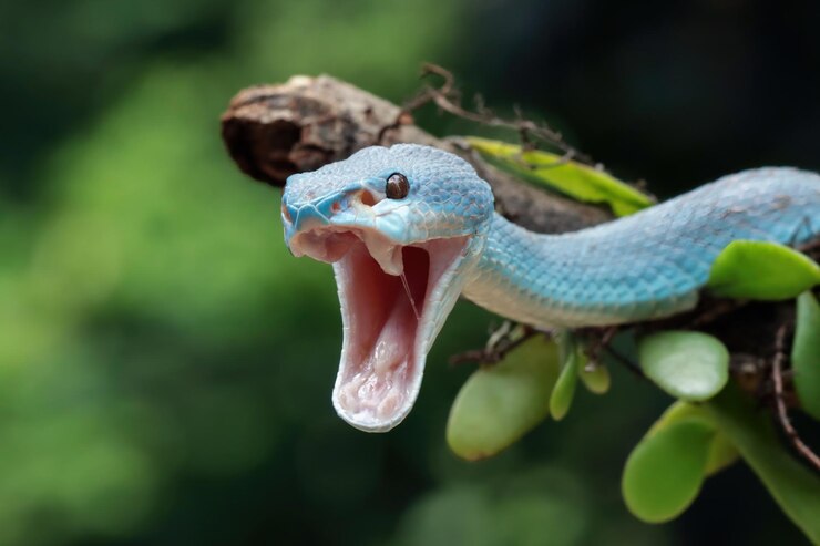 Foto gratuito serpiente víbora azul en rama serpiente víbora azul insularis estirando su mandíbula