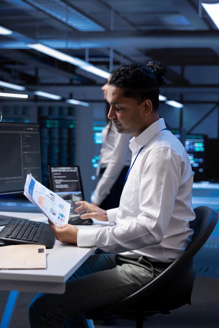 Foto gratuito servicio en el centro de servidores que comprueba la documentación de las supercomputadoras