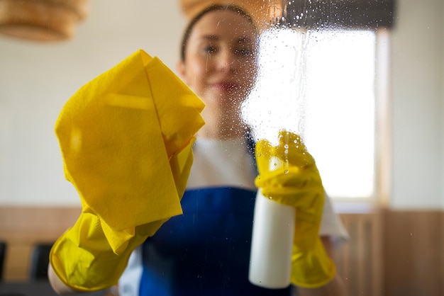 Foto gratuita servicio de limpieza profesional persona que limpia la ventana de la oficina