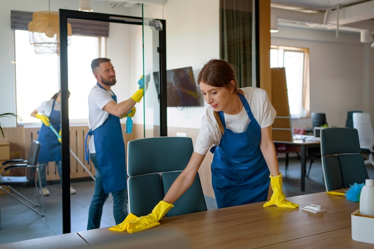 Foto gratuito servicio de limpieza profesional personas trabajando juntas en una oficina