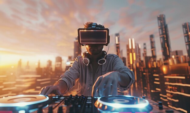 Foto gratuita set futurista con dj a cargo de la música usando gafas de realidad virtual