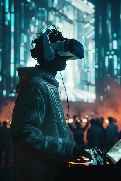 Set futurista con DJ a cargo de la música usando gafas de realidad virtual