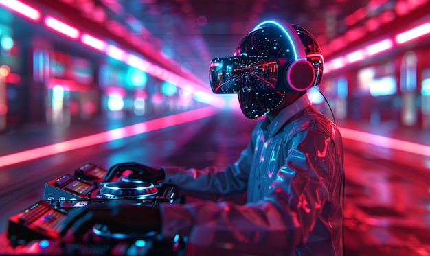 Foto gratuita set futurista con dj a cargo de la música usando gafas de realidad virtual