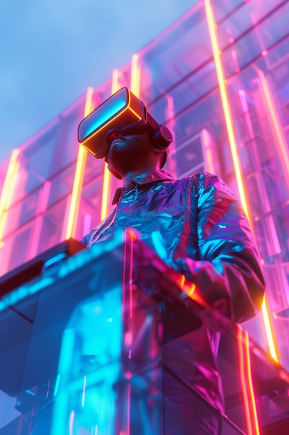 Foto gratuita set futurista con dj a cargo de la música usando gafas de realidad virtual