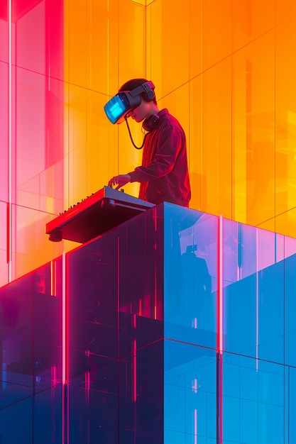 Foto gratuita set futurista con dj a cargo de la música usando gafas de realidad virtual