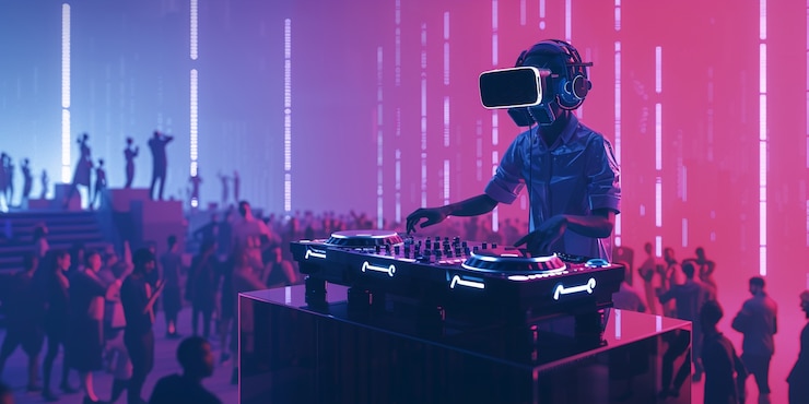 Foto gratuito set futurista con dj a cargo de la música usando gafas de realidad virtual