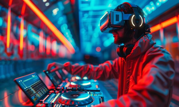 Set futurista con DJ a cargo de la música usando gafas de realidad virtual