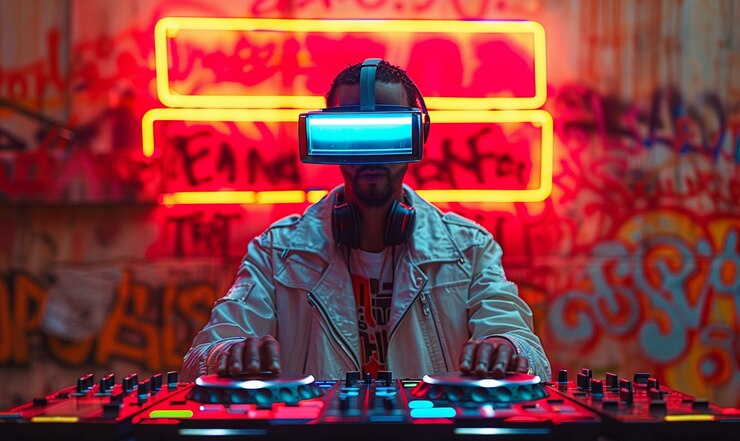 Foto gratuito set futurista con dj a cargo de la música usando gafas de realidad virtual
